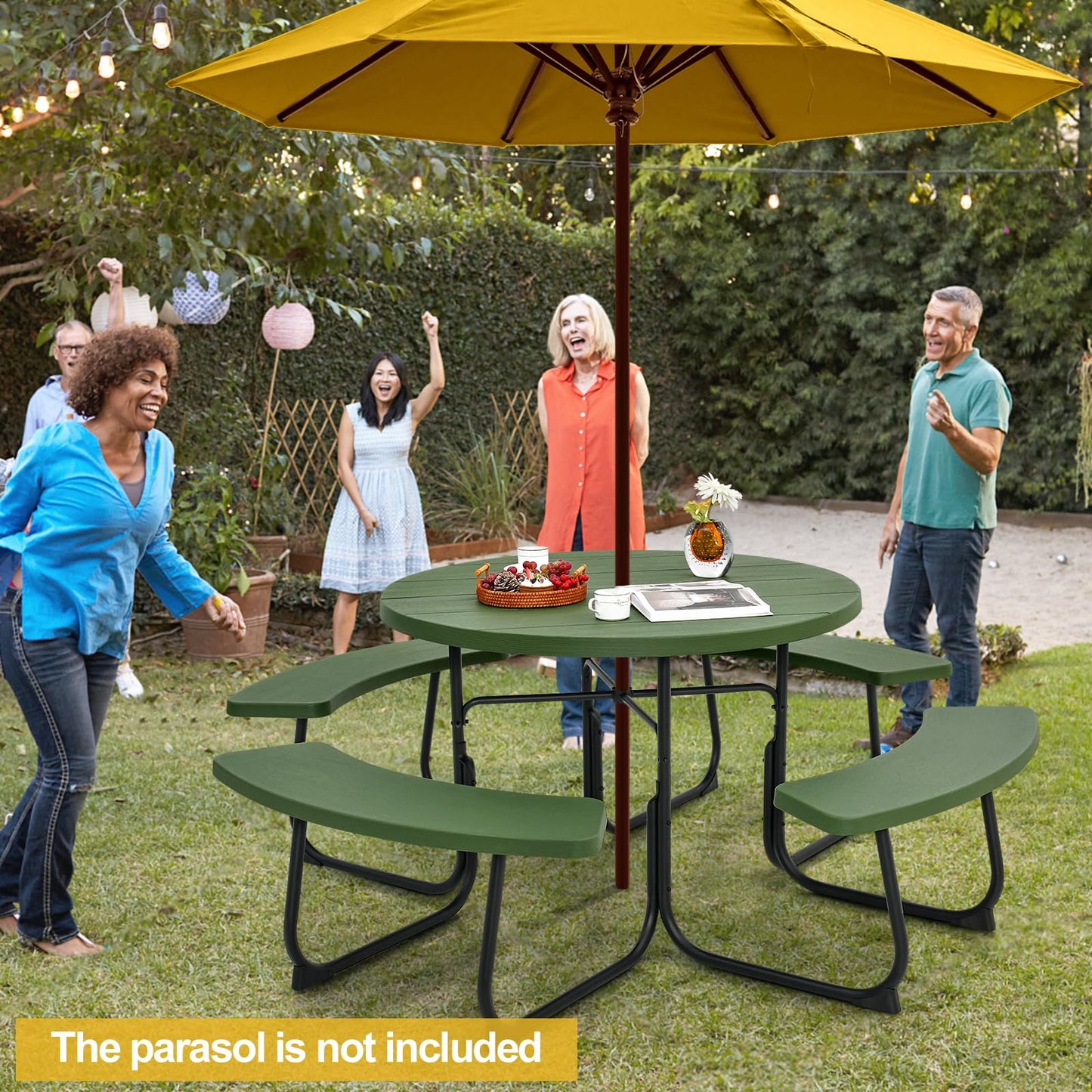 Tangkula 8 Person Picnic Table, Outdoor Round Picnic Table with 4 Built-in Benches, Umbrella Hole, Metal Frame & HDPE Tabletop, Outside Table and Bench Set for Backyard, 2300lbs Weight Capacity