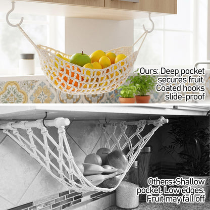 DOPENSPI Fruit Hammock, 22.4×8.7in Fruit Hammock Under Cabinet with 4PCS Hooks Hanging Fruits Basket Fruits Net Woven Boho Banana Holder Veggie Basket Saves Counter for Kitchen Home Boat Rv
