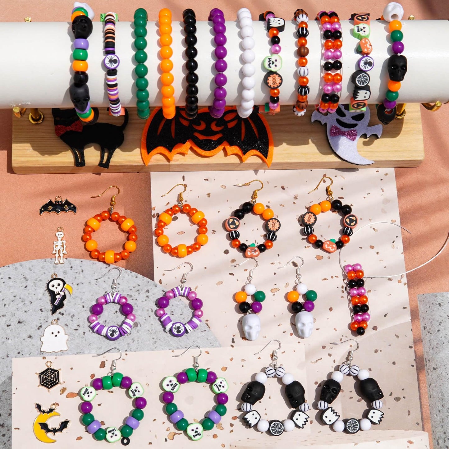 2100+PCS Halloween Beads Kit for Jewelry Making, Spooky DIY Crafts with Clay Charms Acrylic Rounds Pearls Pumpkin Skull Beads Ghost Witch Hat Bat Charms DIY Halloween Bracelets Necklace Earrings Craft