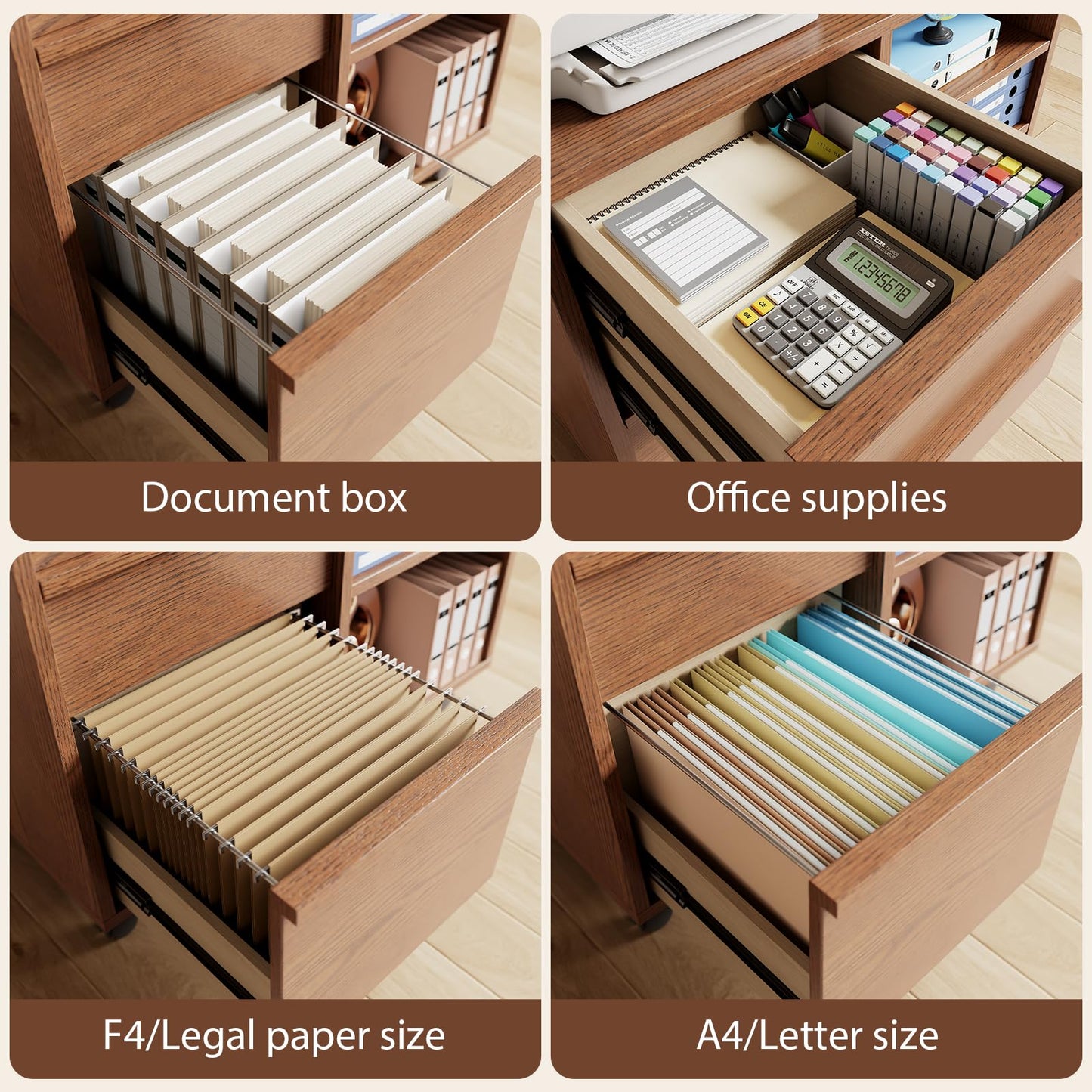 Solid Wood Lateral Filing Cabinet, 3 Drawer Mobile File Cabinet,Stand with Open Shelves,Storage Drawer Cabinet，The cabinet features adjustable steel rods，suitable for home offices,and bedrooms.