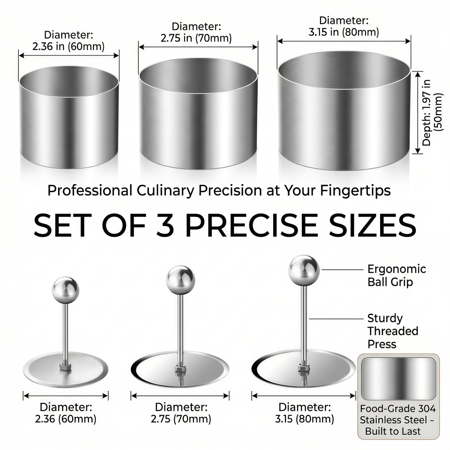 Stainless Steel Cake Ring Set of 3 Professional Round Ring Mold with Press, Small Pastry Baking Molds & Metal Cookie Rings for Mousse Desserts