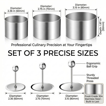 Stainless Steel Cake Ring Set of 3 Professional Round Ring Mold with Press, Small Pastry Baking Molds & Metal Cookie Rings for Mousse Desserts