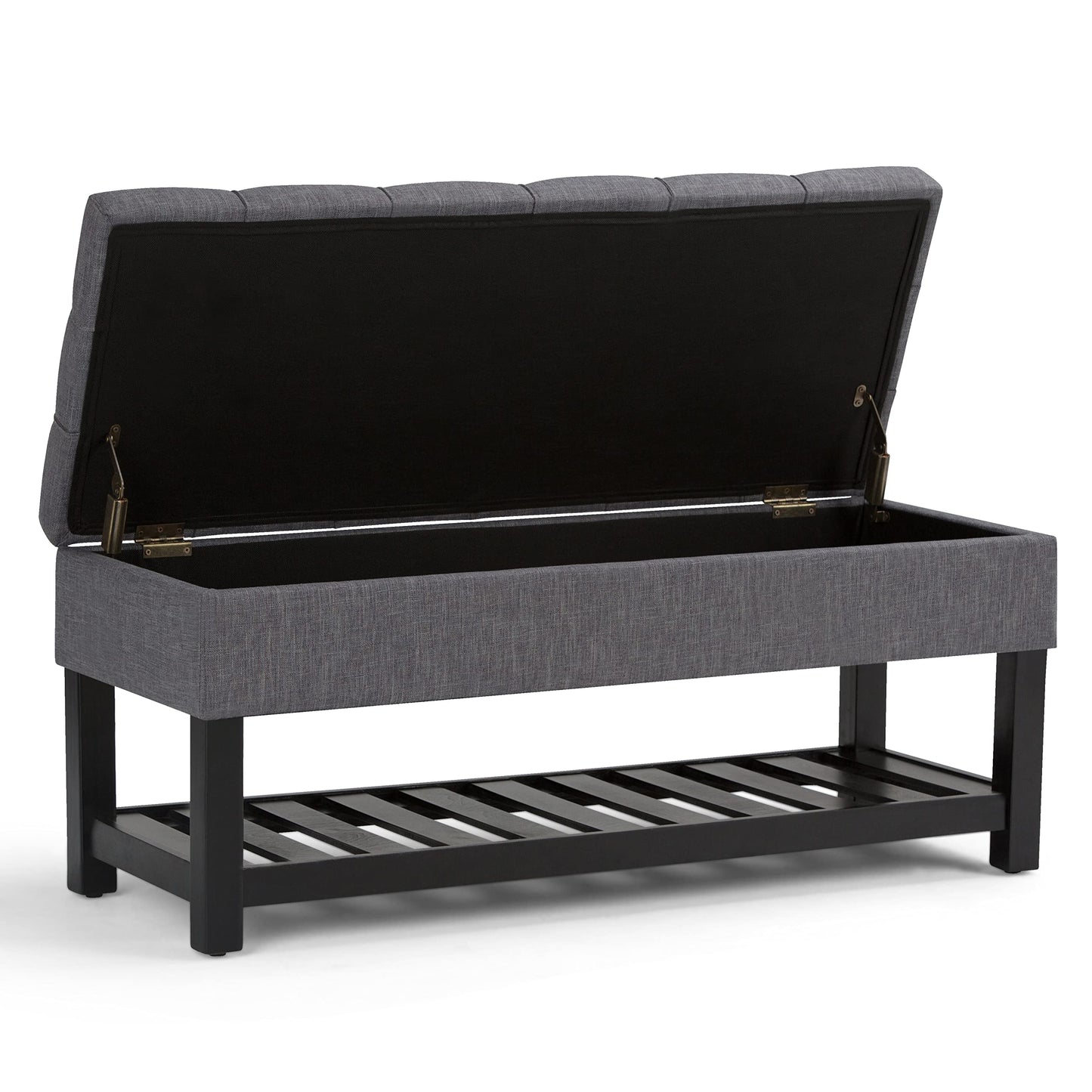 SIMPLIHOME Saxon Storage Ottoman Bench - 43 inch Wide Upholstered Linen Look Fabric Rectangle Storage Ottoman in Slate Grey, Transitional Bench for Bedroom with Tufted Lift-Top and Open Bottom Shelf