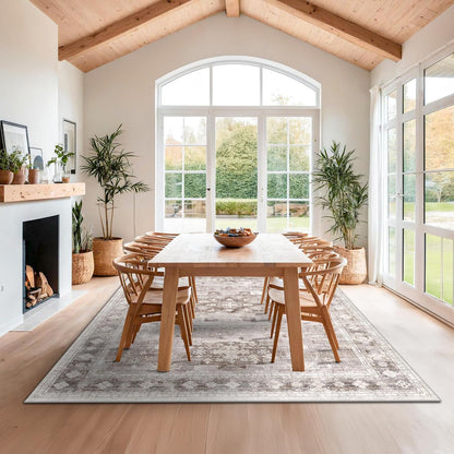Skiennix Washable Area Rug - Large 8x10 Boho Vintage Floral Design | Stain Resistant & Non-Slip (Beige/Latte)
