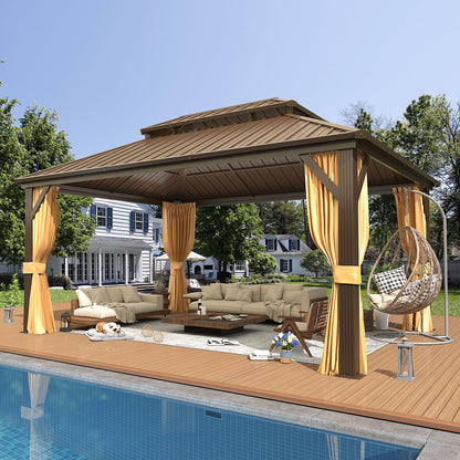 EROMMY 12' x 16' Hardtop Gazebo, Aluminum Frame Gazebos with Galvanized Steel Double Roof, Permanent Outdoor Metal Pavilion with Curtain and Netting for Patio, Lawn, Deck