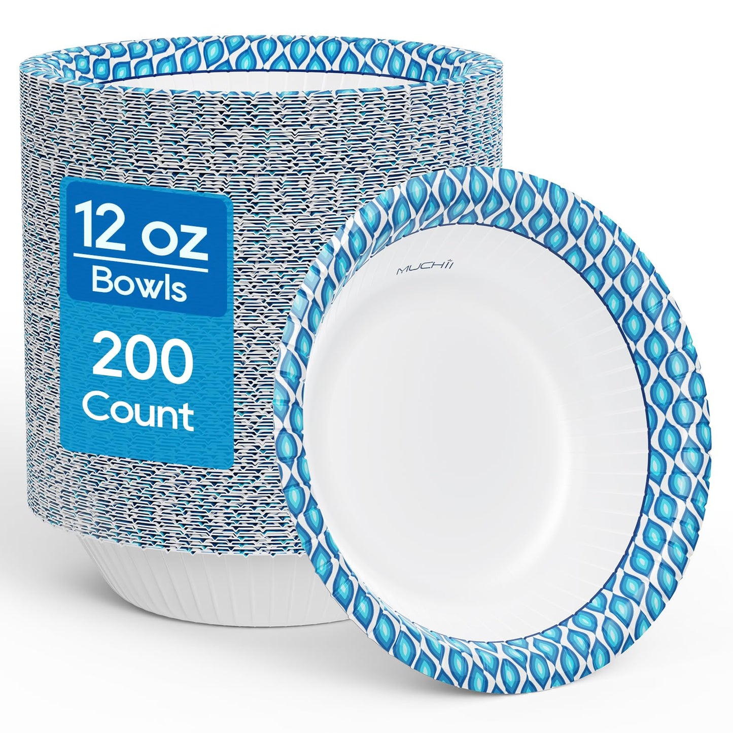 MUCHII 12 Oz Paper Bowls 200 Counts Disposable Bowls, Printed Soak Proof Small Bowls for Breakfast, Lunch, and Dinner Meals