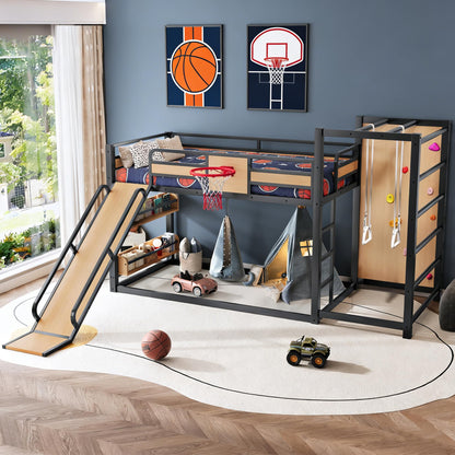 Bellemave Metal Twin Over Twin Bunk Bed Frame with Slide,Twin Size Floor Bunk Bed and Basketball Hoop,Pull-up Rings and Climbing Wall,Heavy Duty Bunk Beds with Bookshelves for Kids Girls Boys,Natural