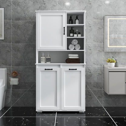 KEIKI 62.99'' H Laundry Cabinet with Doors and shelf, Tilt-Out Laundry Hamper, Multiple Storage Space, Freestanding Style, Open Shelve, Adjustable Shelf, White, (Style C)