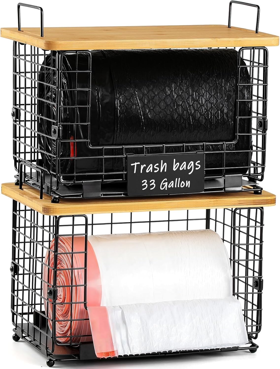 13/30/33+ 1 SET Upgrade Larger, Fit Gallon Trashbag Perfectly - Stackable Trash Bag Holder with Tags & Bamboo Top