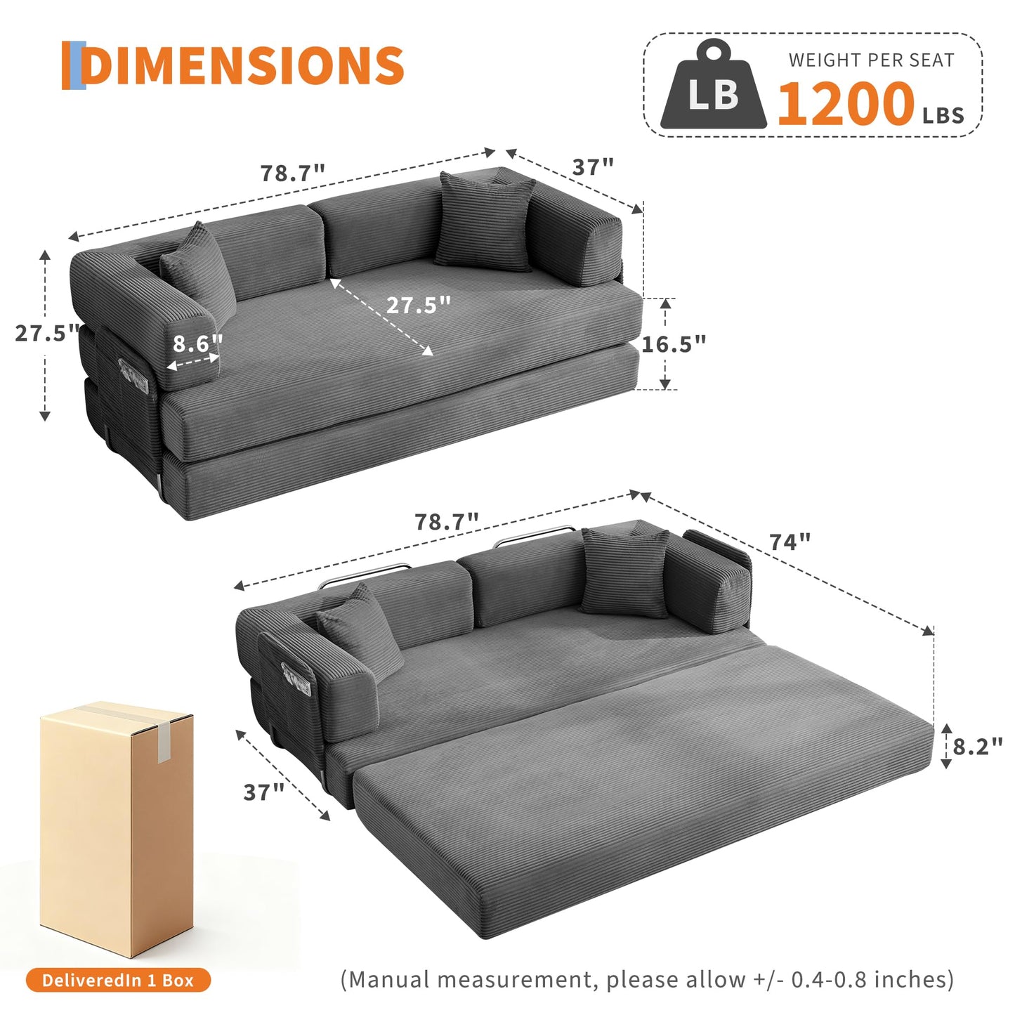 IDEALHOUSE Convertible Sofa Bed 5-in-1, 78.8 Inch Folding Futon Couch with Pull Out Bed, Corduroy Upholstered No-Assembly Loveseat Sleeper for Living Room, Bedroom, Lounge, Grey
