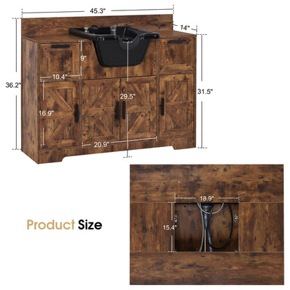 BarberPub Portable Shampoo Station, Shampoo Bowl with Cabinet & Drawer, Salon Geometric Finish Station with Sprayer Faucet, Barber Storage Equipment with Hair Wash Backwash Sink 3439 (Rust Brown)