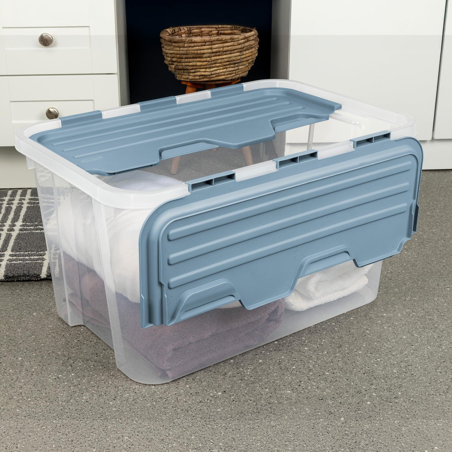Sterilite 24 Pack Hinged Lid Storage Box, 60 Qt Plastic Container, Washed Blue - Home Organizer Tote for Storing Shoes, Crafts, Clothing, or Decor