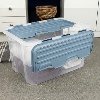 Sterilite 24 Pack Hinged Lid Storage Box, 60 Qt Plastic Container, Washed Blue - Home Organizer Tote for Storing Shoes, Crafts, Clothing, or Decor