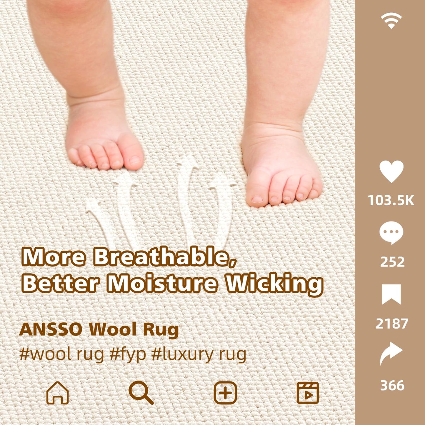 ANSSO Wool Rugs 8x10 for Living Room,80% Merino Wool and 20% Cotton Soft Tufted Area Rug with Cotton Non-Slip Backing,Large Area Rug for Bedroom Bedroom, Dining and Home Office (Cream White)