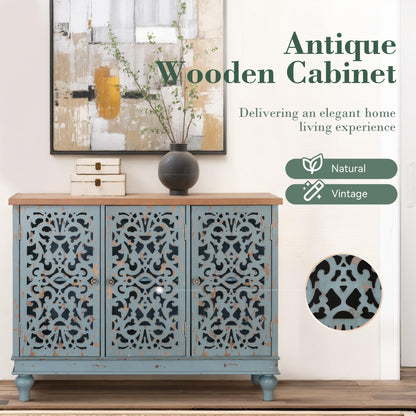 Sophia & William Sideboard Buffet Credenza Cabinet, 3-Door Hollow-Carved Accent Cabinet, Distressed Sideboard Storage Cabinet with Wood Veneer for Kitchen, Living Room, Dining Room, Entryway, Blue