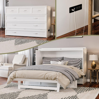 AFI Northfield Queen Size Murphy Bed Chest with Mattress, Storage, & Built-in Charger in White