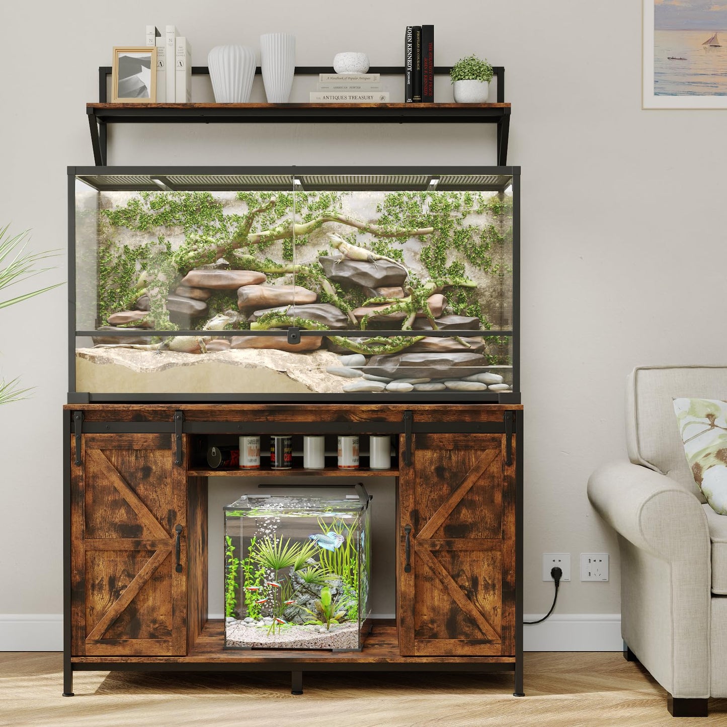VOWNER Farmhouse Reptile Tank Stand with Power Outlet, 48" X 24" Tabletop Fits up 120 Gallon Bearded Dragon Tank, Heavy Duty Aquarium Stand with Storage Cabinet, Reptile Turtle Terrarium Stand Brown