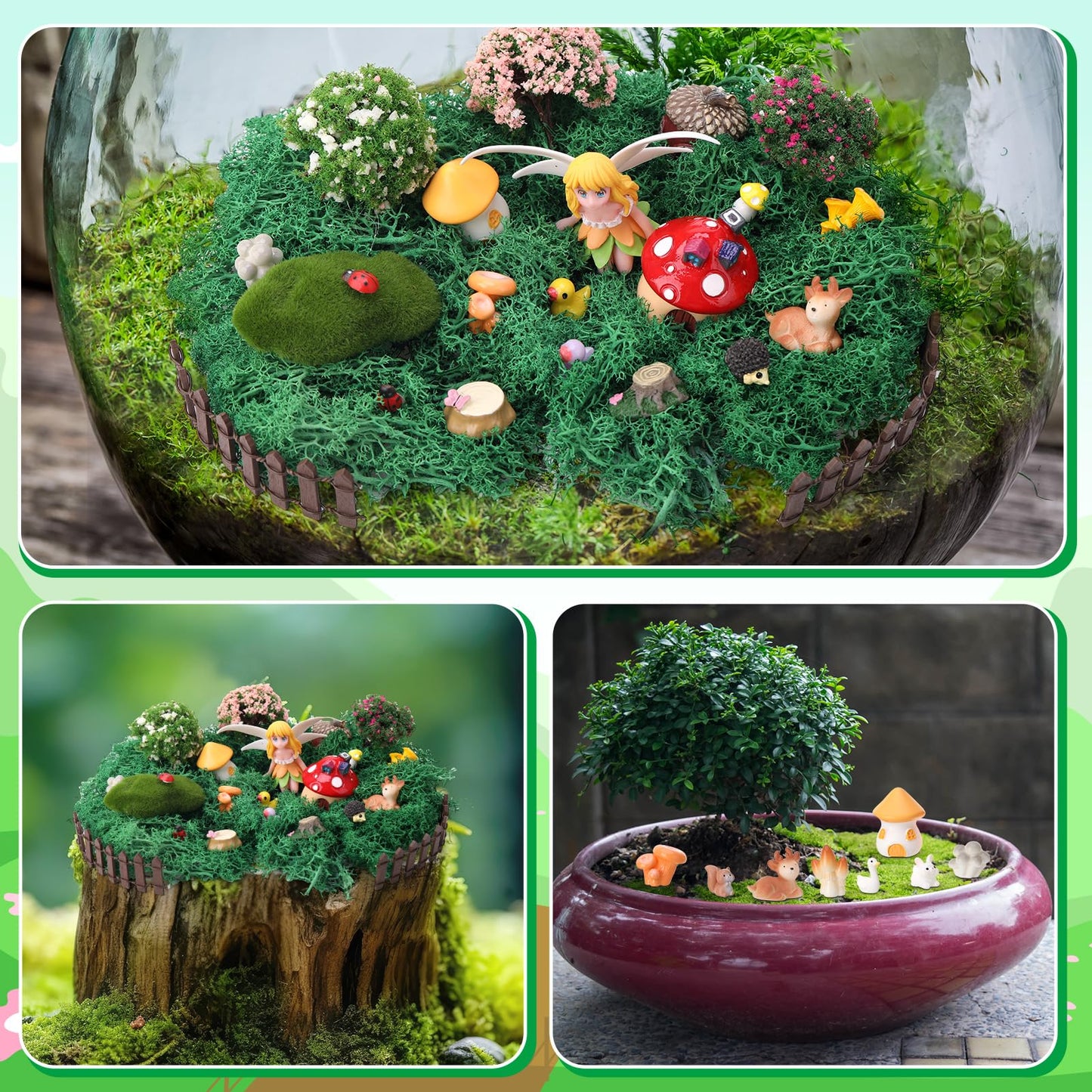 GGSTDDUP 54 Pcs Fairy Garden Accessories, Mini Resin Animals Figures, Miniature Table and Chairs, Bridge, Fence, Fairy House Kit with 50g Artificial Moss for DIY Craft Landscape Bonsai Glass Container