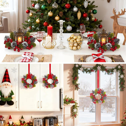 Skiennix Christmas Candle Rings - 6Pcs Artificial Pine Cones & Red Berries for Pillar Holders | Festive Table Centerpiece