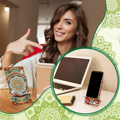 Saillong 6 Pcs Sage Green Mandala Diamond Painting Cell Phone Stand DIY Full Drill Crystal Diamond Art Phone Holder Bling Painting Art Craft Kits for Beginner Adult
