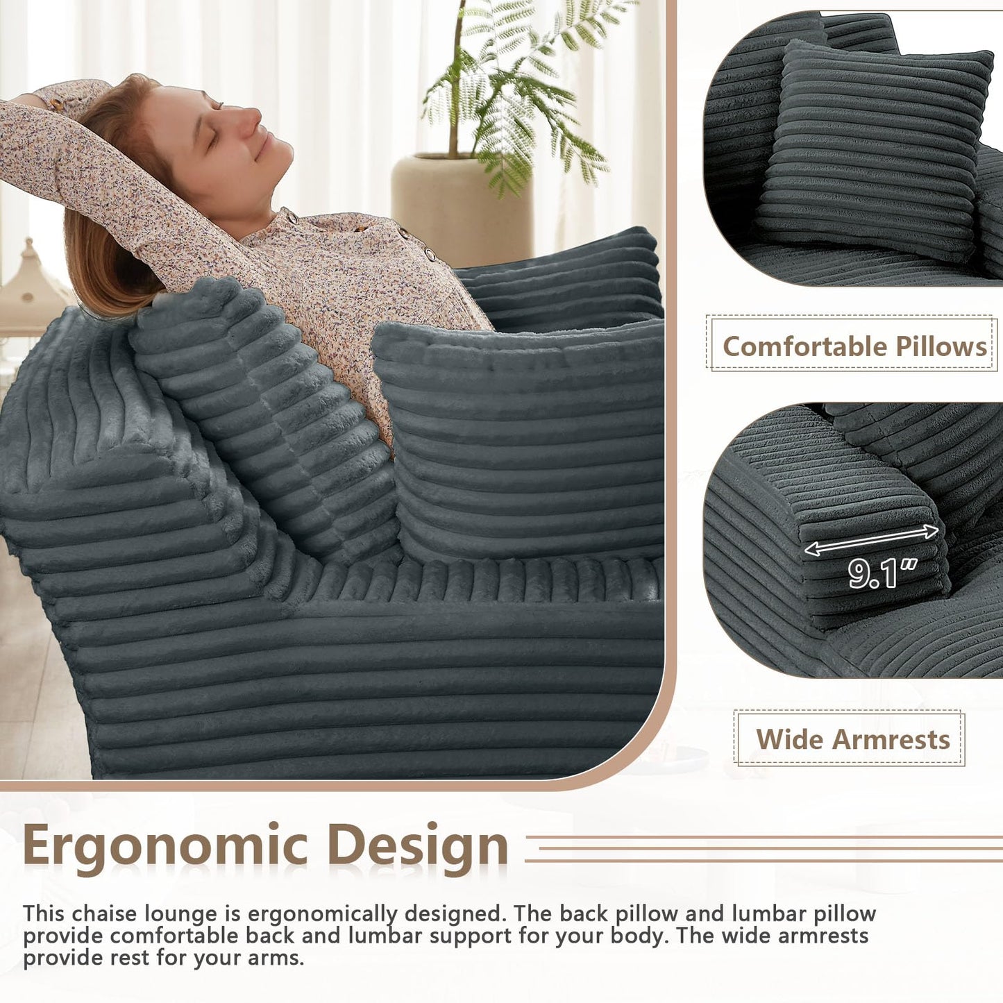 49.2"W Oversized Chaise Lounge Chair Indoor,Comfy Boneless Reading Chair with 3 Pillows, Luxurious Corduroy Fabric Single Cloud Sofa Chair for Living Room & Bedroom,No Assembly Required,Dark Grey