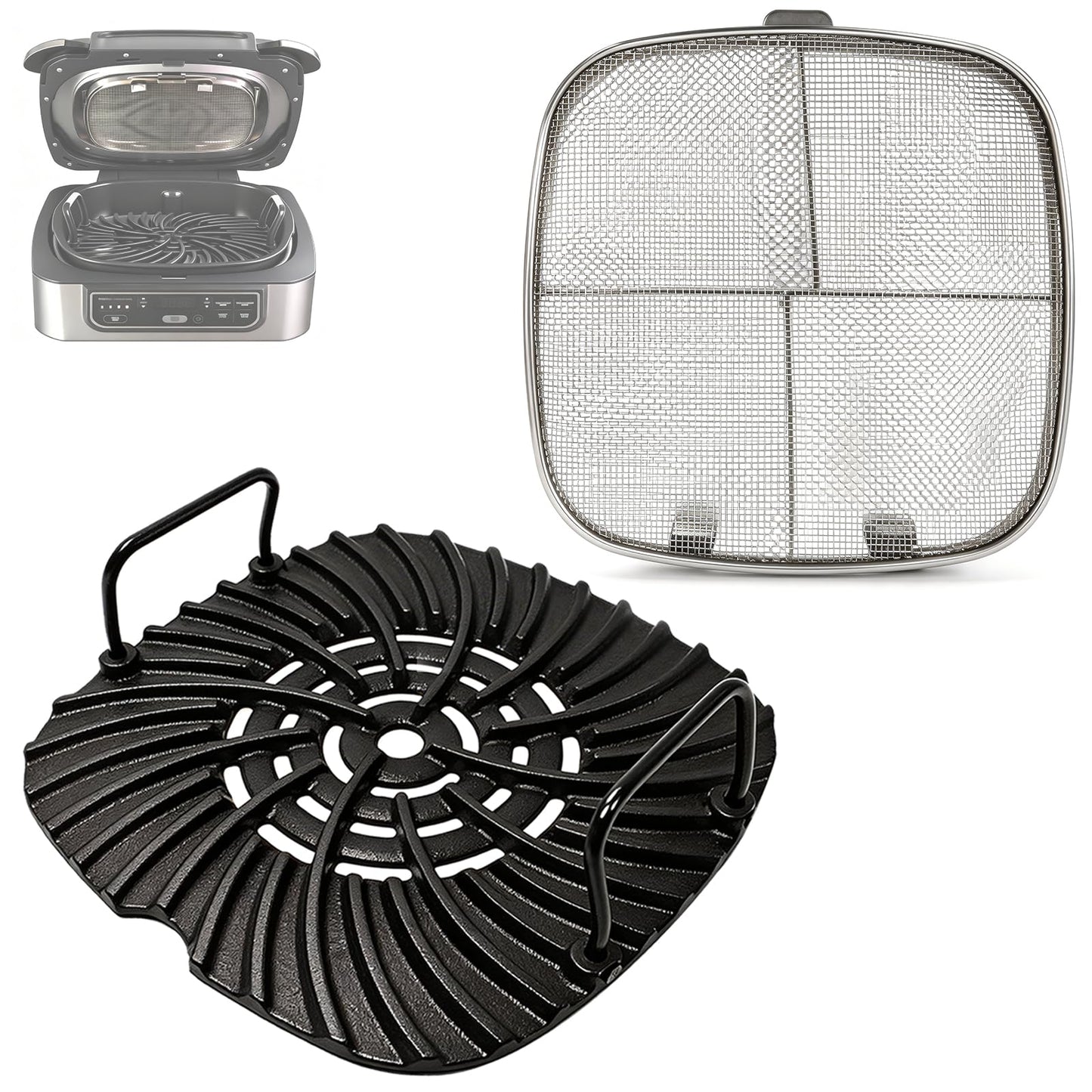Grill Grate and Splatter Shield for Ninja Foodi 5-in-1 Grill Parts, Non-Stick Griddle Pan and Splatter Screen for Ninja Foodi AG300, AG301C, AG302, AG400 Accessories