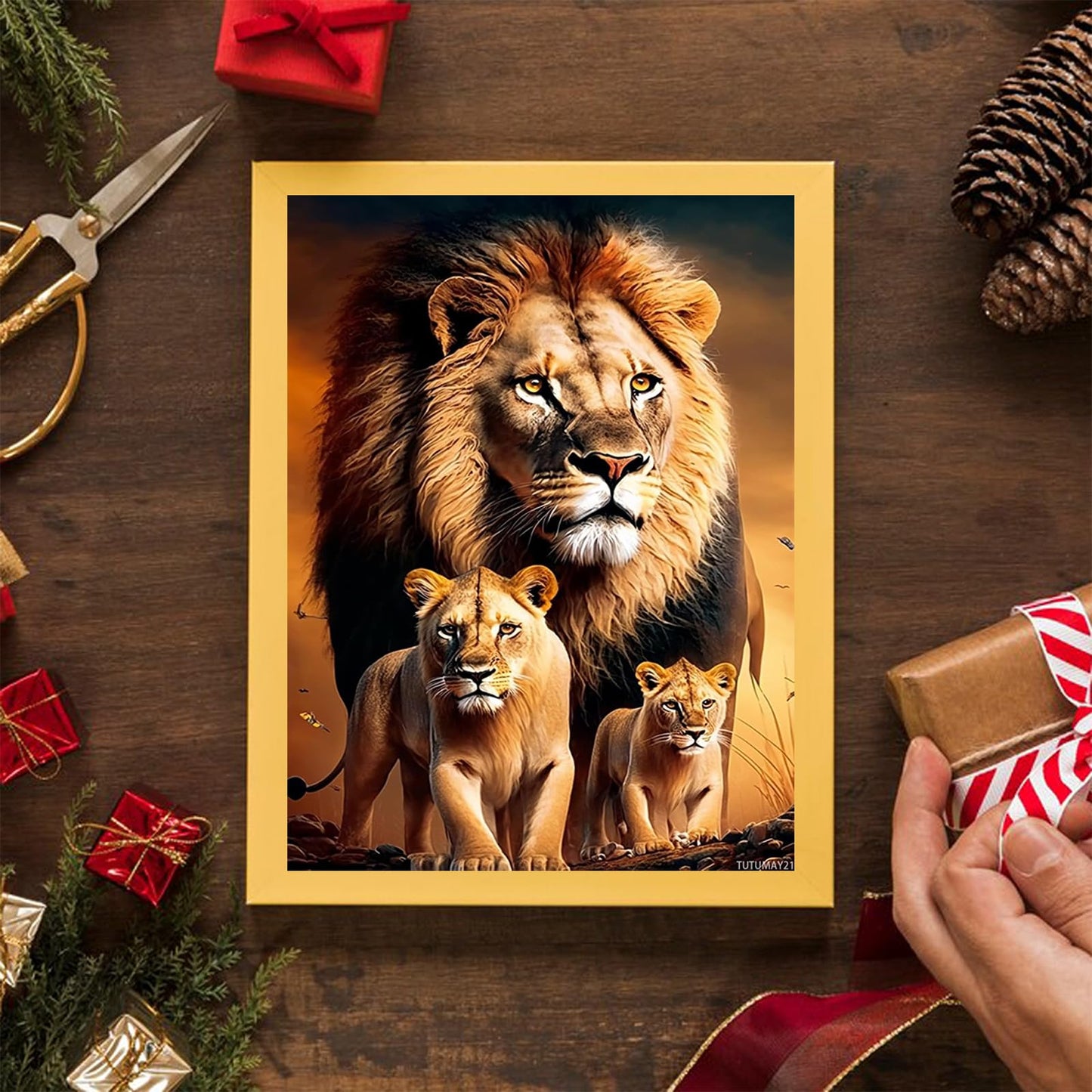TUTUMAY21 Diamond Painting Kit, King of The Steppe Lion Family, Animal Unique Charm, Gemstone Art Painting with Diamond Home Wall Decor 12x16in