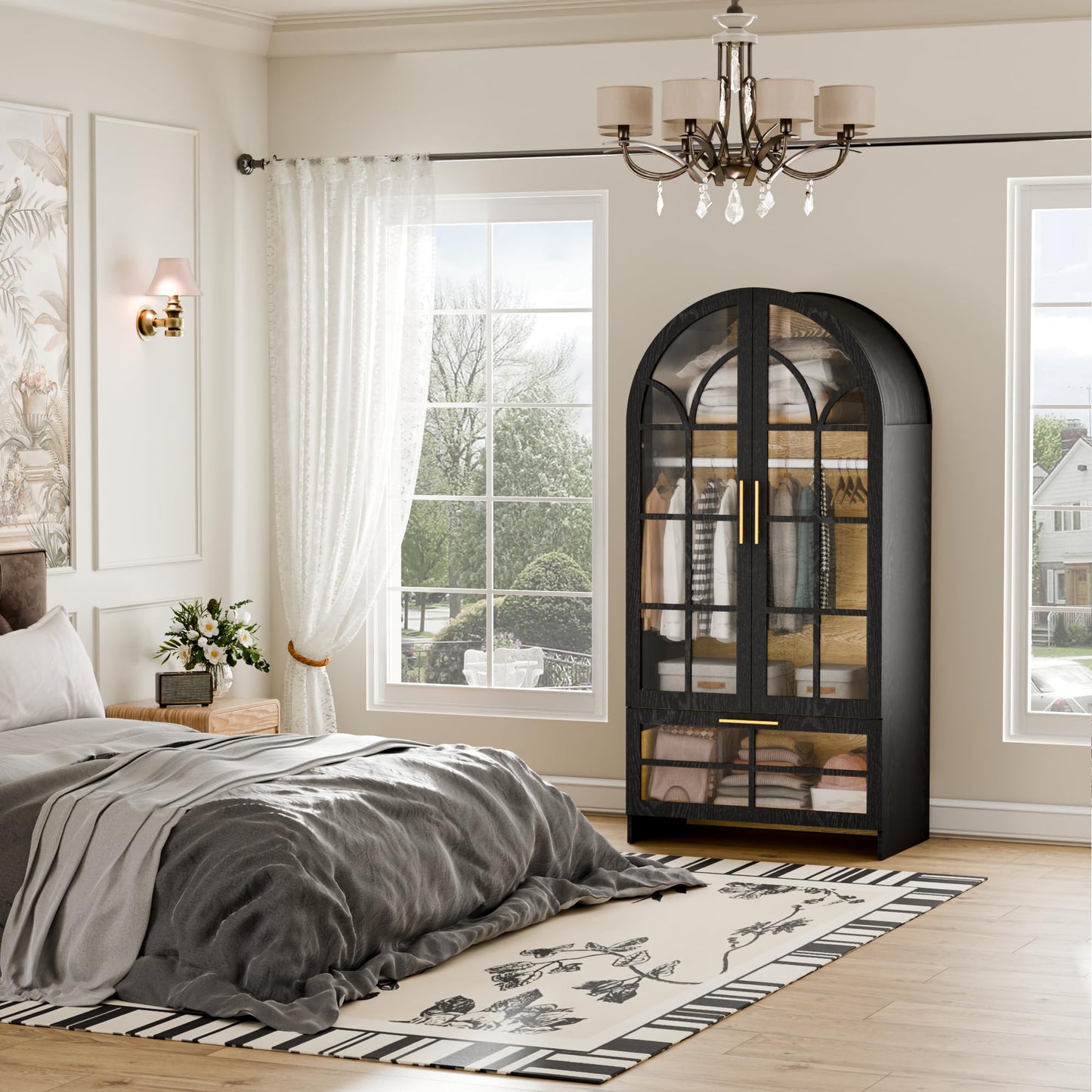 Topcomfy Armoire Wardrobe Closet with Drawer, 71”Tall Arched Wardrobe Cabinet with Hanging Rod&Glass Door – Wooden Freestanding Clothing Storage Cabinet Closet Organizer for Bedroom, Entryway or Dorm