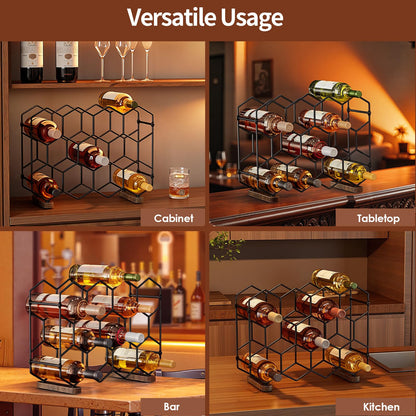 Nuovoware Countertop Wine Rack, 14-Bottle Freestanding Modern Carbon Steel Holder Hexagonal Structure, 3 Tier Tabletop Wine Bottle Organizer Storage for Cabinet, Pantry, Black+Retro Brown