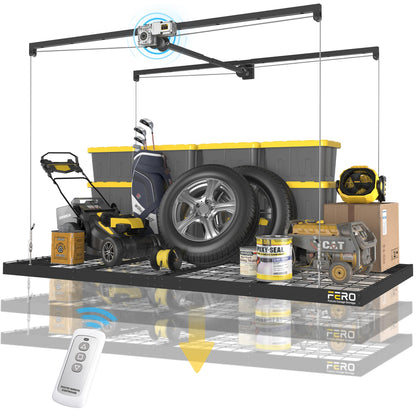 FERO Motorized Overhead Garage Storage Rack with Remote Control, Heavy-Duty Ceiling Mounted Organizer, 4x8 FT Ceiling Storage Lift System, Space-Saving Hanging Garage Shelves, 325 LBS Capacity