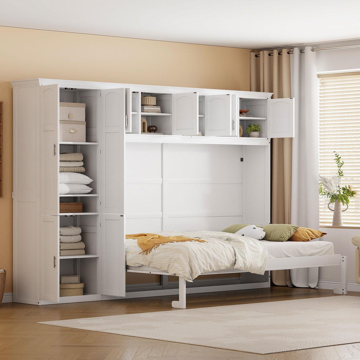 Merax Queen Size Murphy Bed Wall Bed with Cabinets,White