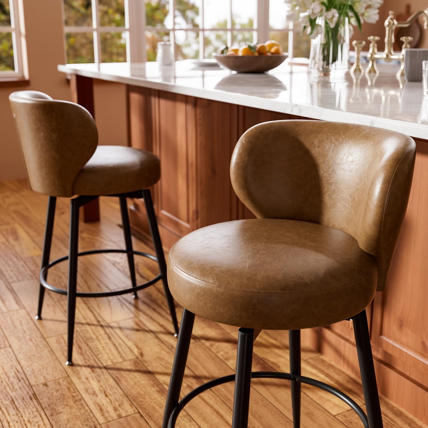 Sucrever Bar Stools Set of 4, 26" Counter Height Swivel Leather Bar Stools, Upholstered Barstools with Back & Footrest Metal Legs, Stools for Kitchen Island, Home Bar, Dining Room Brown