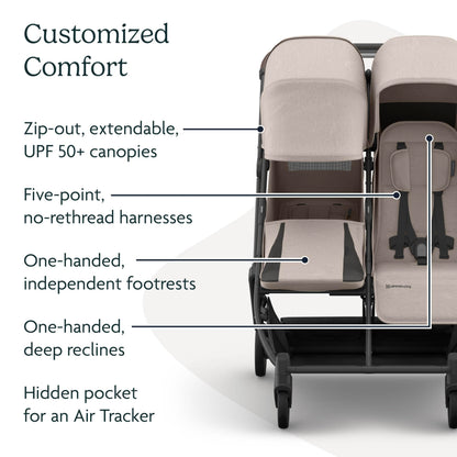 UPPAbaby Minu Duo Side-by-Side Double Stroller - Lightweight + Compact Design for Travel - Easy Fold- from Birth to Toddler - Independent Recline -Ada (Sandstone/Carbon Frame/Chestnut Leather)