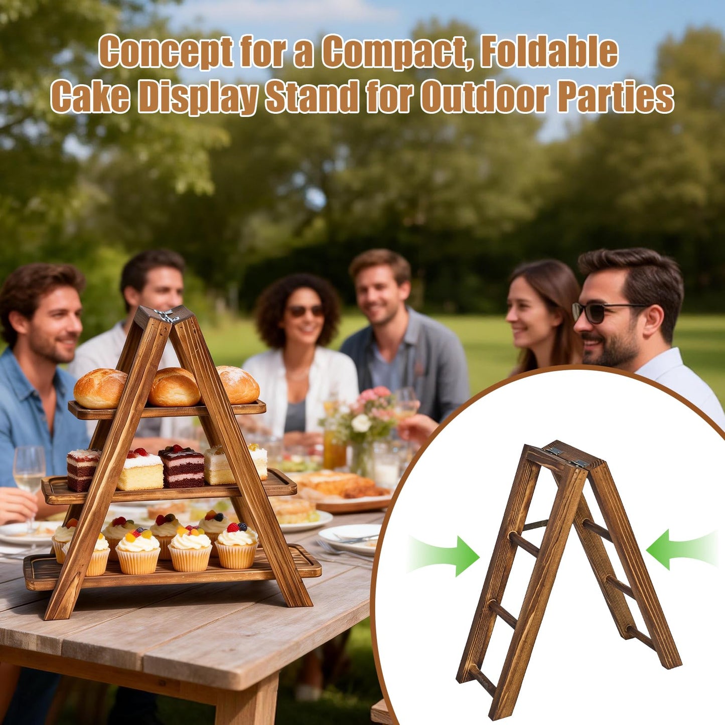 3 Tier Cupcake Stand with Swing, Wooden Cupcake Stand, Swing Cupcake Stand with Removable Serving Platter and Foldable Ladder for Birthday Anniversary Party Decoration