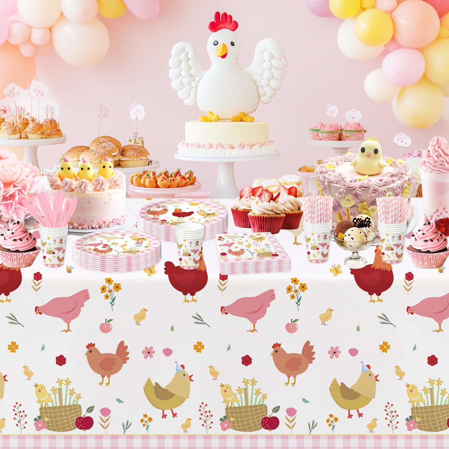 Suhelkit Chicken Party Decorations Tableware for Birthday Baby Shower, Farm Animal Barnyard Little Chick Birthday Party Supplies, Plate, Cup, Napkin, Straws, Disposable Cutlery, Tablecloth, 24 Guests