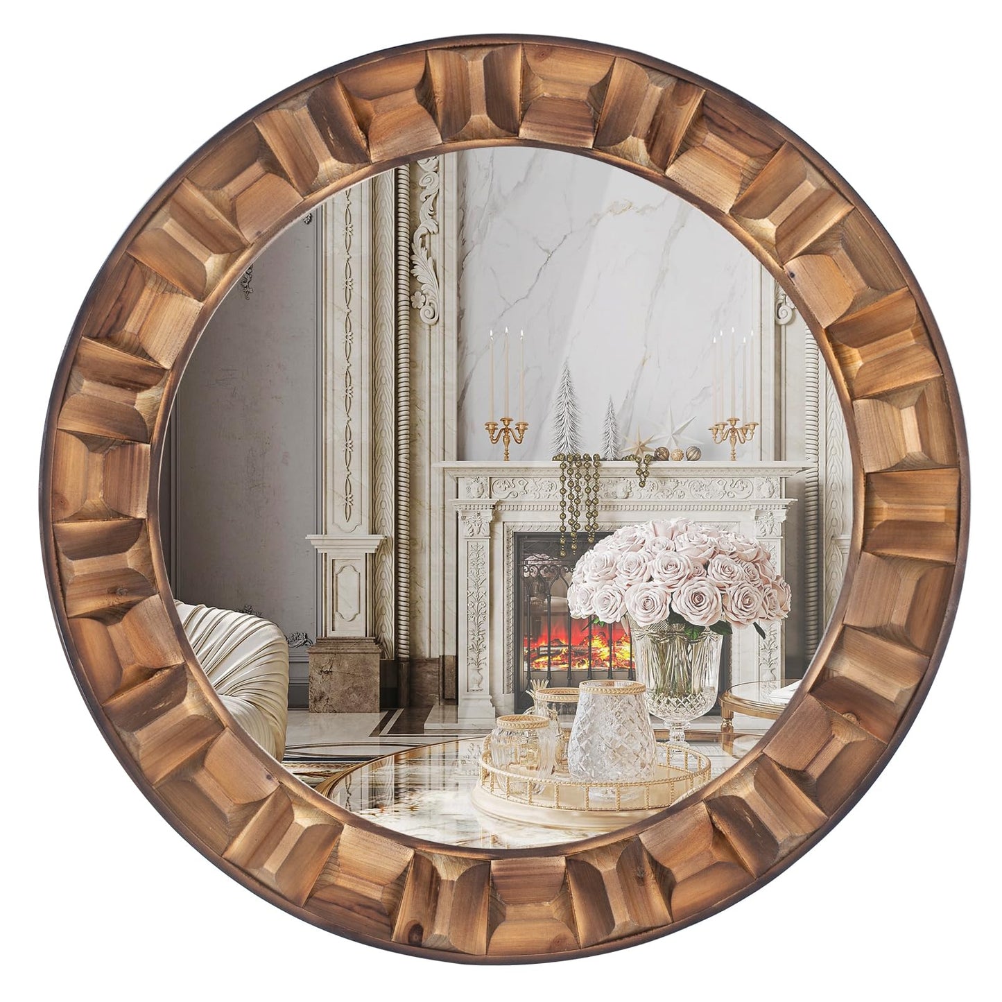 XGGJWW 30 Inch Dark Solid Wood Round Wall Mirror, Brown Wooden Decorative Circle Mirror for Bathroom, Bedroom, Living Room, Entryway, Hallway, or Foyer