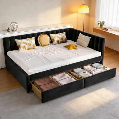 KEIKI Full Size Corner Daybed with 2 Storage Drawers, Upholstered Velvet Bed Frame, L Shaped Sofa Bed with Backrest, Wooden Slats Support, No Box Spring Needed for Guest Room, Small Space, Black
