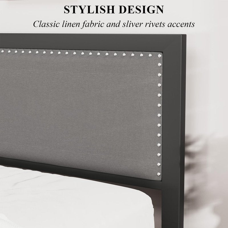 VECELO Twin Size Bed Frame with Upholstered Headboard, Heavy-Duty Platform with Strong Steel Slats, No Box Spring Needed, Easy Assembly, Black&Grey