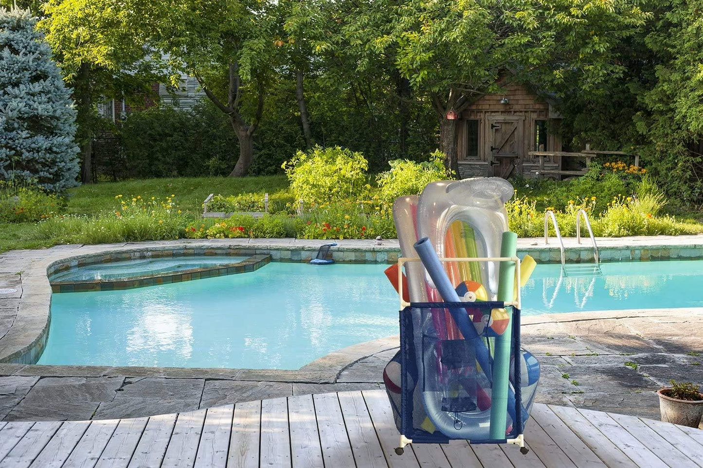 Essentially Yours Rolling Pool Noodle Storage Organizer Bin, Standard Noodle Holder (25.4" W x 26" L x 40.5" H),
