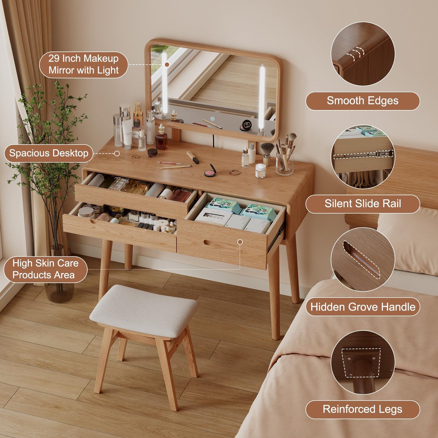 DONGMUWUJEE Solid Wood Vanity and Vanity Stool Bundle, Vanity Set with Mirror and Lights and Stool, Wood Vanity Desk and Chair Set, Makeup Vanities & Vanity Benches (Vanity 39.4 inch Wide, Natural)