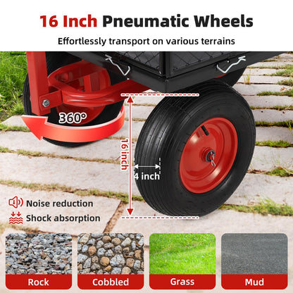 Garden Cart Steel Heavy Duty 1,400 LBS Yard and Garden Wagon with 16 Inch Tire and Adjustable Handle, Attach to ATV or Tractor, Black & Red