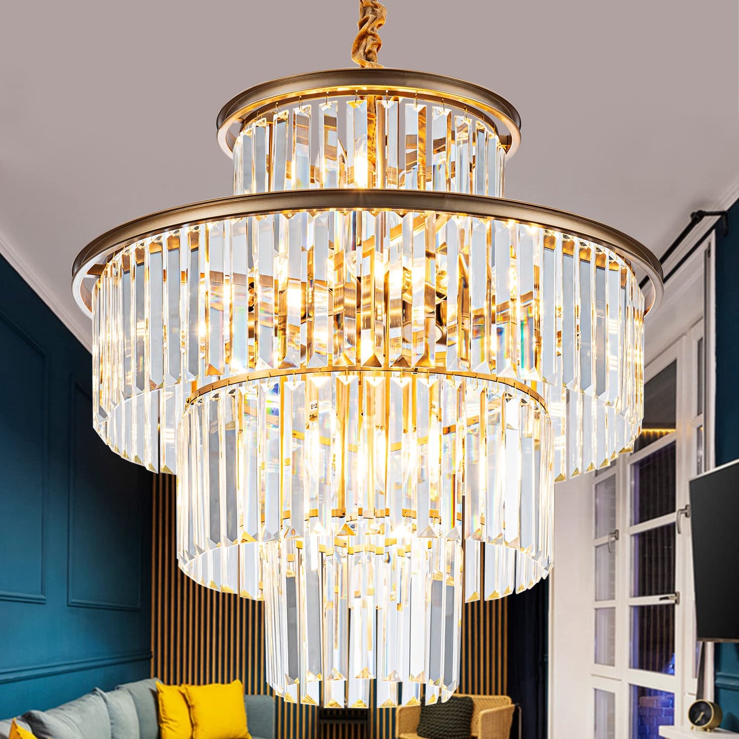 lighceac 23" 14-Light Modern Crystal Chandelier Light Fixtures 4-Tier Gold Luxury Chandeliers for Dining Room Round Hanging Pendant Lighting for Living Room Kitchen Entryway Bedroom Foyer Hallway