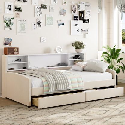 Merax Twin Size Upholstered Platform Bed with Storage and Drawers, Beige