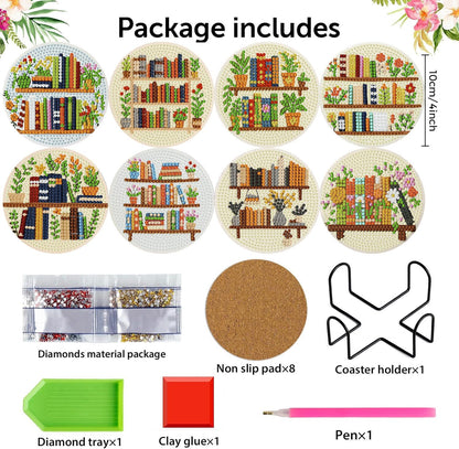 croshom Books Diamond Art Coasters Kits, 8 Pieces Books Diamond Painting Coasters with Holder, Books Coaster Diamonds Art Painting Kits for Adults, 5D DIY Wooden Coaster for Gift