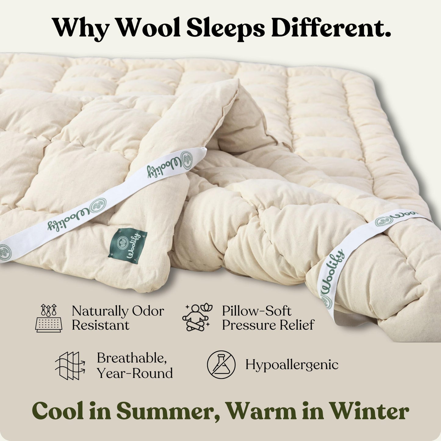 Woolify Organic Merino Wool Mattress Topper 1650 GSM - Pillow Top Mattress Pad, Handmade, Non-Toxic, Cooling and Hypoallergenic Wool Topper for Back Pain Relief (Twin XL)