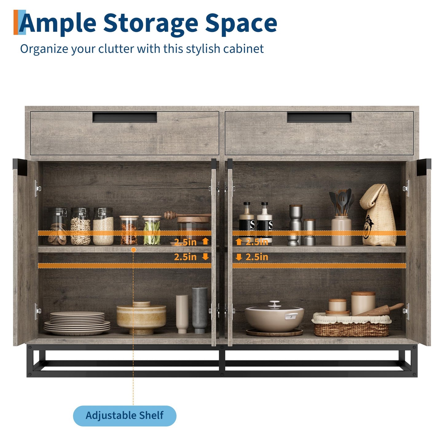 GAOMON 55" Large Sideboard Cabinet, Modern Buffet Cabinet with 4 Doors and 2 Drawers, Buffet Sideboard with Adjustable Shelves and Gold Accents for Dining Room, Kitchen, Entryway Oak
