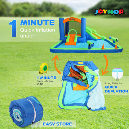 JOYMOR Inflatable Water Slide Bounce House for 3-6, 30s Blow Up Water Slide w/Basketball Hoop, Water Cannon, Ring-Toss Game, Inflatable Water Bounce House w/Slides, Air Blower (Blue/Green)