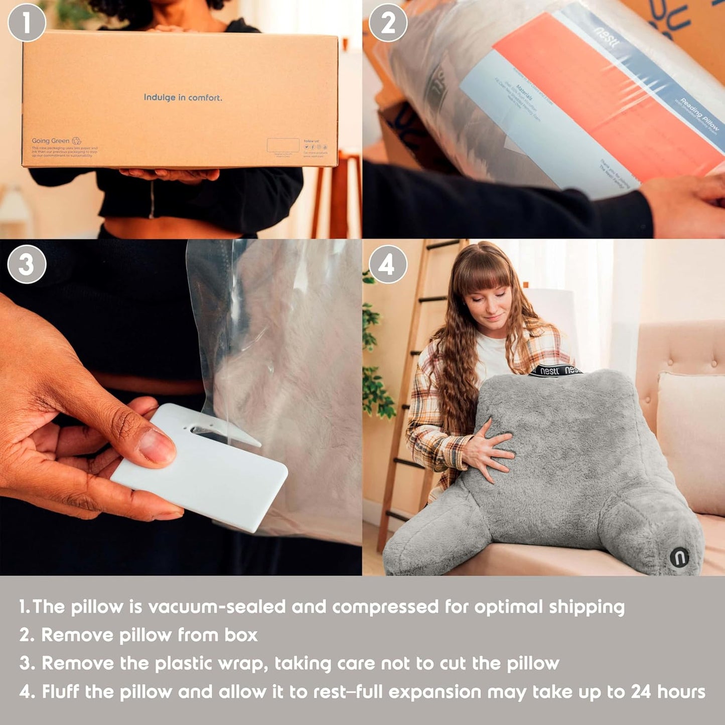 Nestl Fur Reading Pillow with Shredded Memory Foam, Stylish Back Pillow for Bed Sitting Up, Faux Fur Reading Pillows