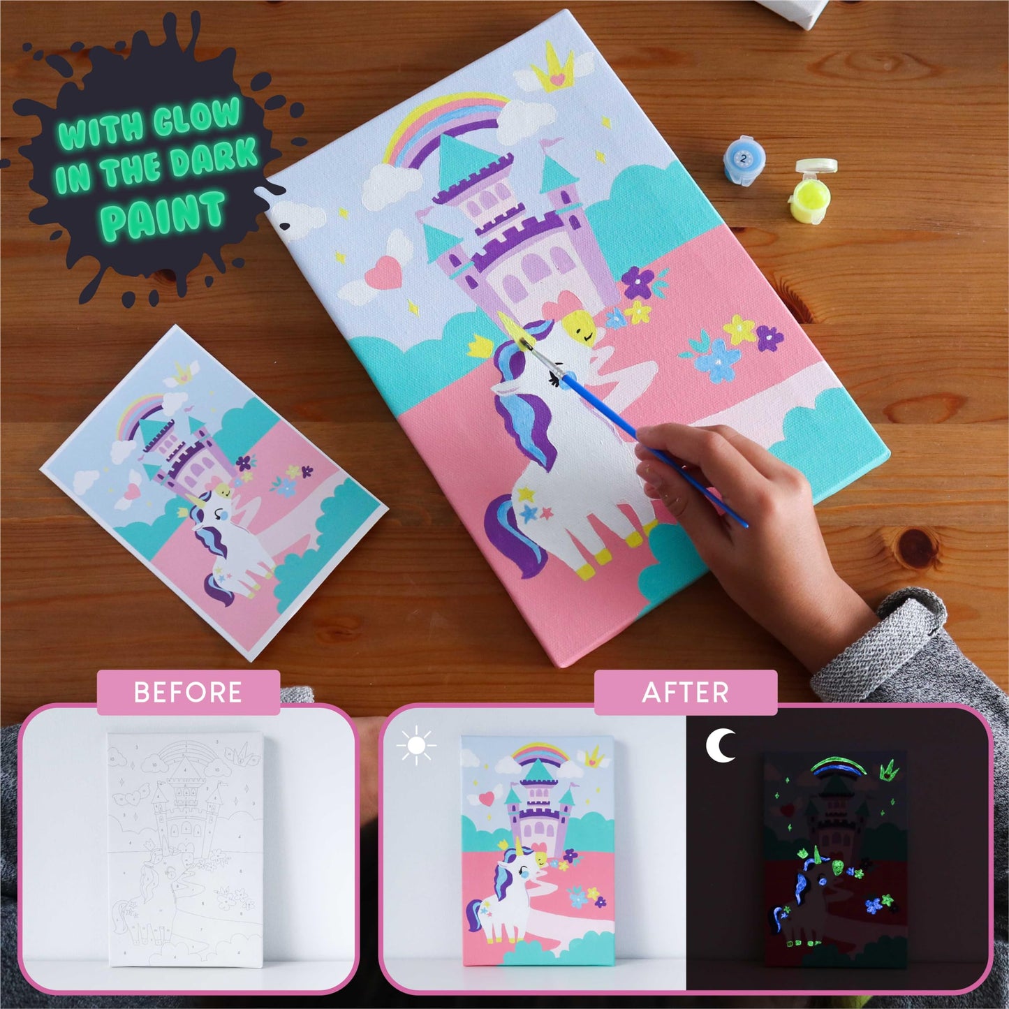 BONNYCO Paint by Numbers Kit for Kids Unicorns Pack 3 Canvas. Paint by Number, Canvas Framed Pre Drawn. Unicorn Gifts for Girls, Arts and Kids Crafts 4-6 8-12. Pintar por Numeros, Unicorn Craft
