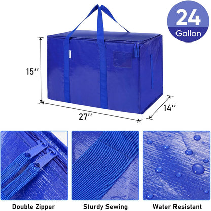 TICONN Extra Large Heavy-Duty Moving Bags - Durable Storage with Zippers & Handles (4 Pack, Blue)